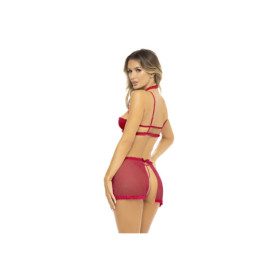 Ensemble 3 pièces rouge, soutien gorge, jupette et string 